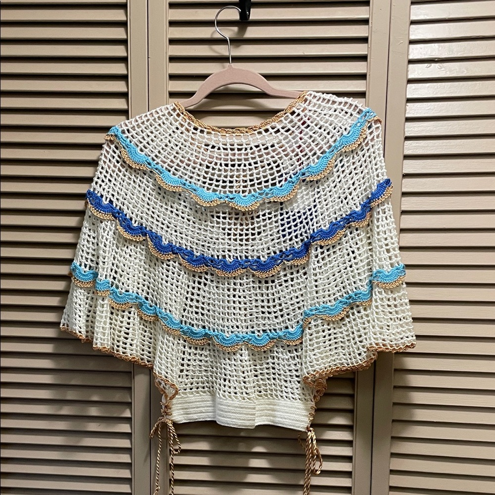 Crochet Knit Women Top - Cream and Blue